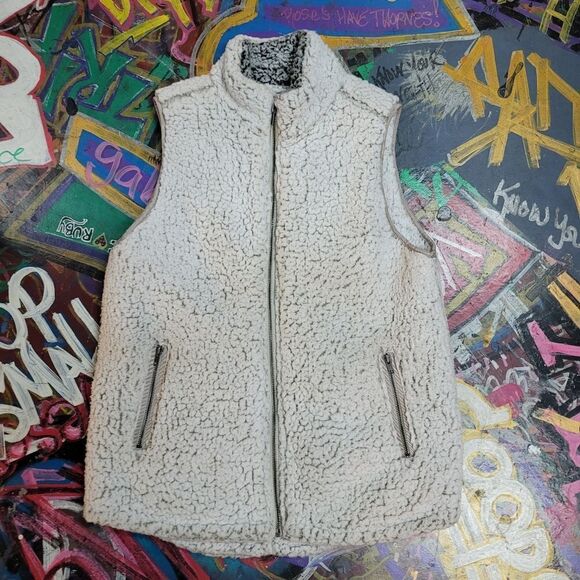 Thread + Supply Sherpa Fleece thick ivory vest - zip-up, pockets, size large - Picture 1 of 9